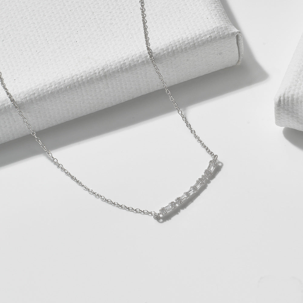 S925 Sterling Silver Rectangular Zircon Smile Pendant Necklace, Geometric Elegant