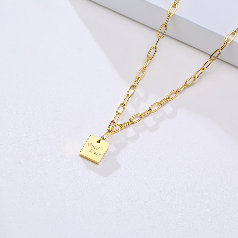 Jewelry Titanium Steel Necklace Women's Square Hang Tag Good Luck