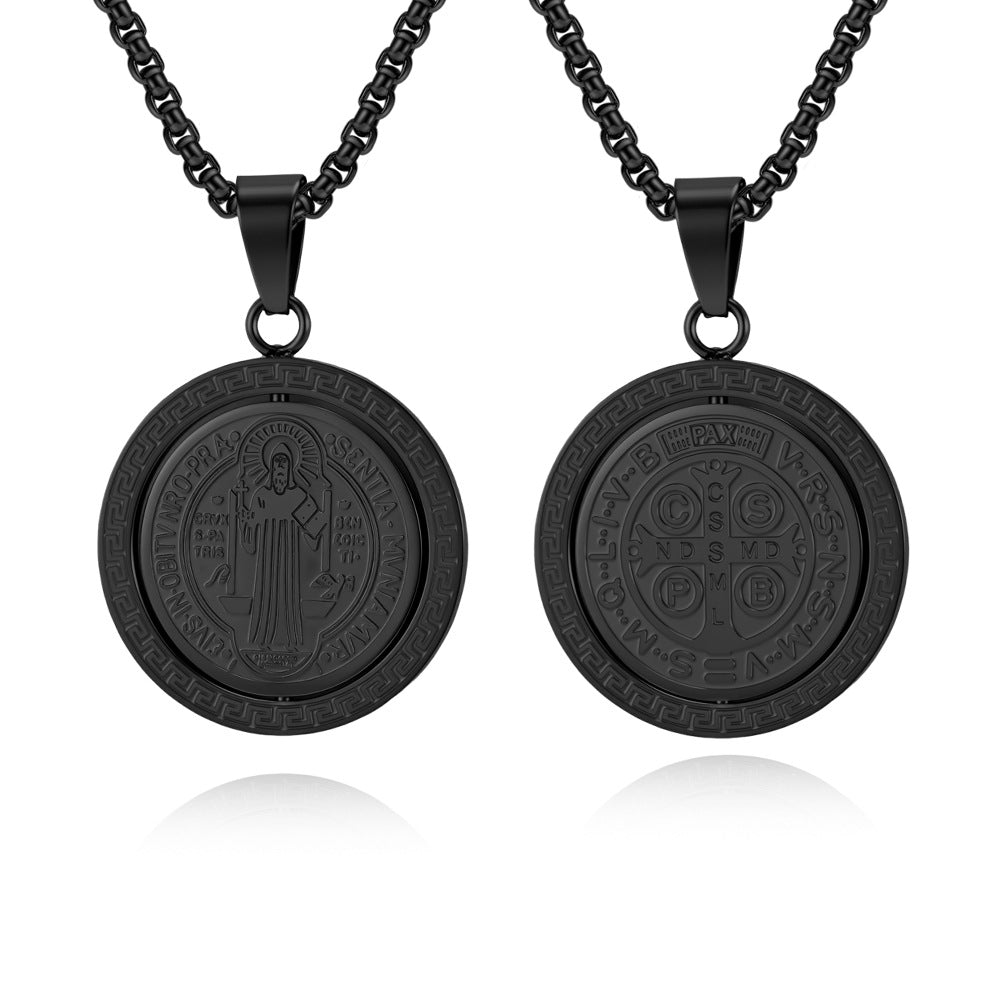 Planderful Saint Benedict Necklace For Men Rotatable Double Sided Stainless Steel Pendant Chain
