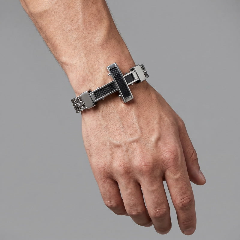 Hip Hop Carbon Fiber Cross Double Layer Front & Back Chains Magnetic Buckle Stainless Bracelet