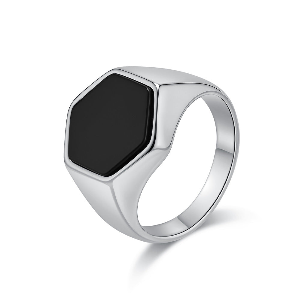 Planderful Mens Hexagon Seal Stainless Steel Ring With Black Stone Personalized Jewelry