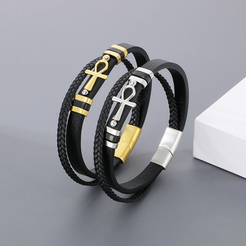 Multi-Layer Woven Leather Magnetic Buckle Stainless Steel Anka Symbol Cross Men's Bracelet
