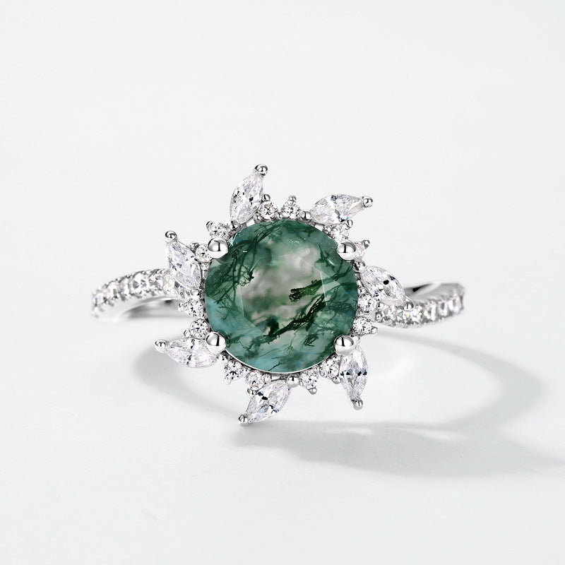 Planderful Jewelry Sterling Silver Green Moss Agate Ring For Women With Sun Design Statement