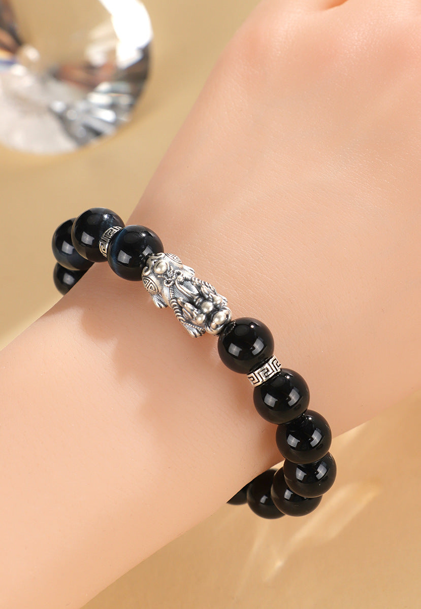 999 Silver Black Agate Pixiu & Tiger Eye Bracelet