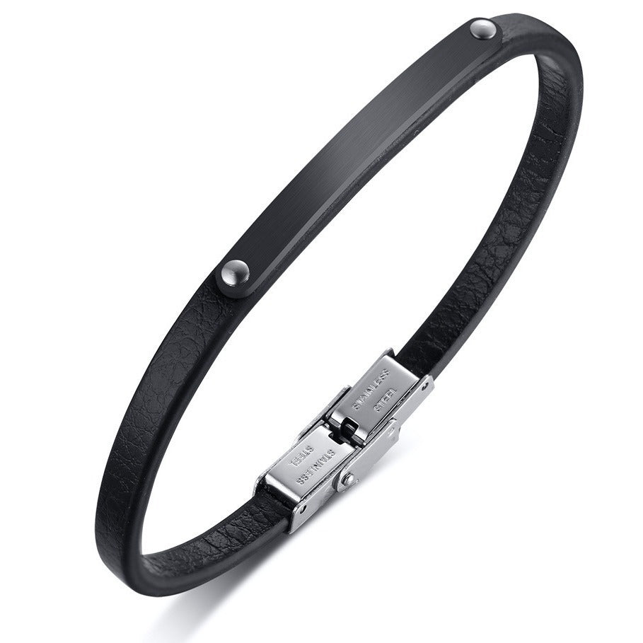 Stainless Steel Curved Leather Couple Bracelet Black Men