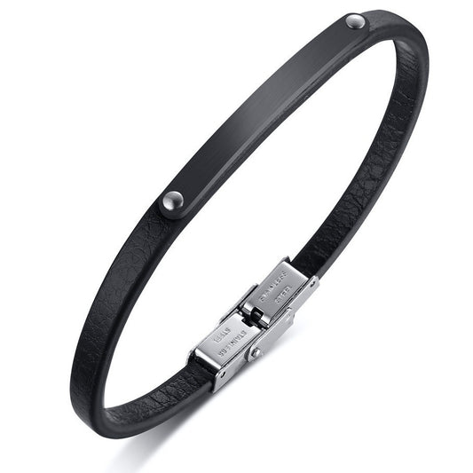 Stainless Steel Curved Leather Couple Bracelet Black Men
