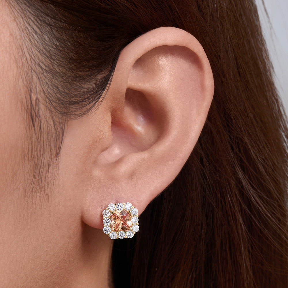 Color Gemstone Stud Earrings S925 Sterling Silver Earrings High-End Square Zircon Earrings Jewelry.