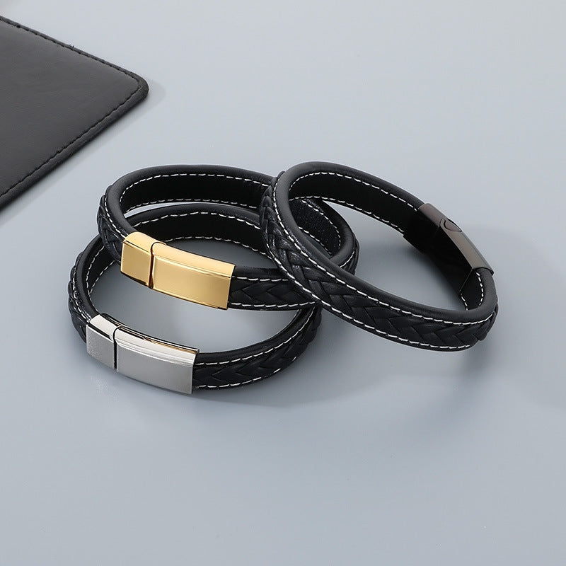 Woven Leather Rope Titanium Steel Buckle Bracelet – Male Punk Flat Leather Rope