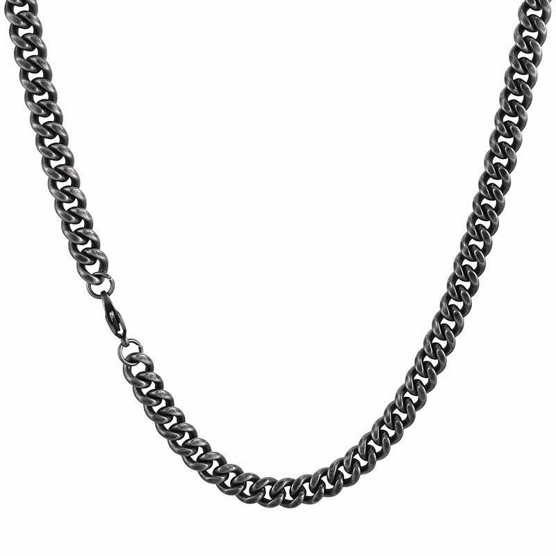 Chain, Retro And Old 8mm Boiled Black Double-Sided Grinding Cuban Chain Stainless Steel Necklace
