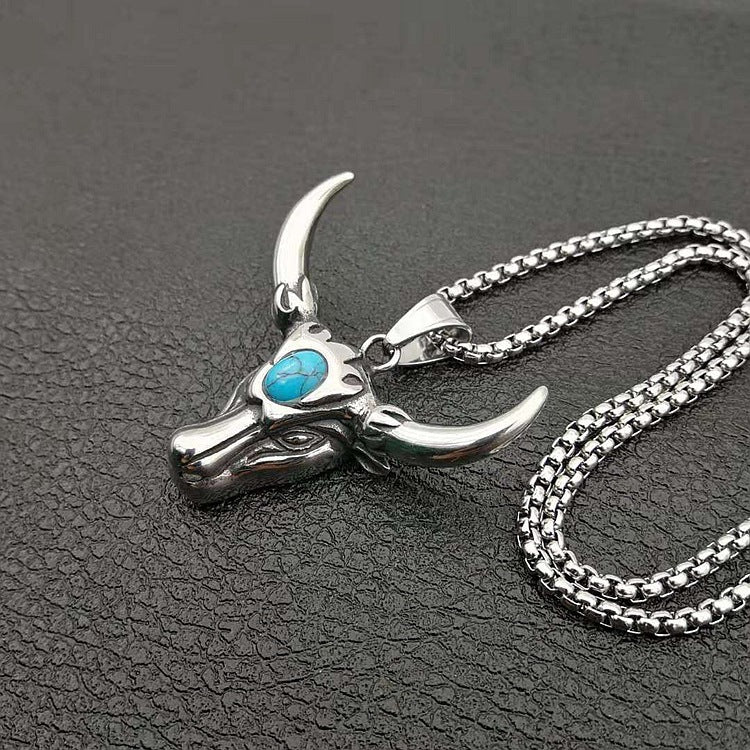 Steel Necklace – Vintage Turquoise Bull Head Pendant For Men Punk Rock Accessory