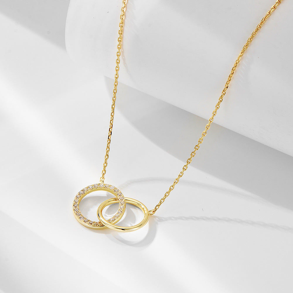 S925 Sterling Silver Personality Inlaid Zircon Circle Double Ring Interlocking Necklace
