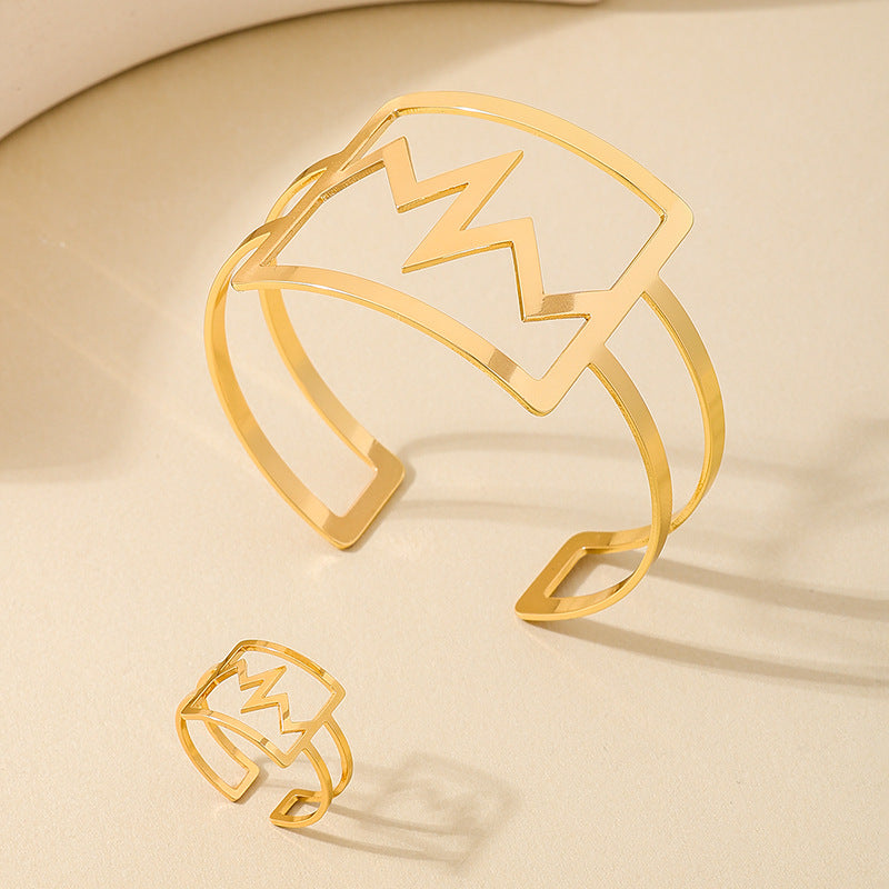 Versatile Metal Electrocardiogram Ring Bracelet Set for Women