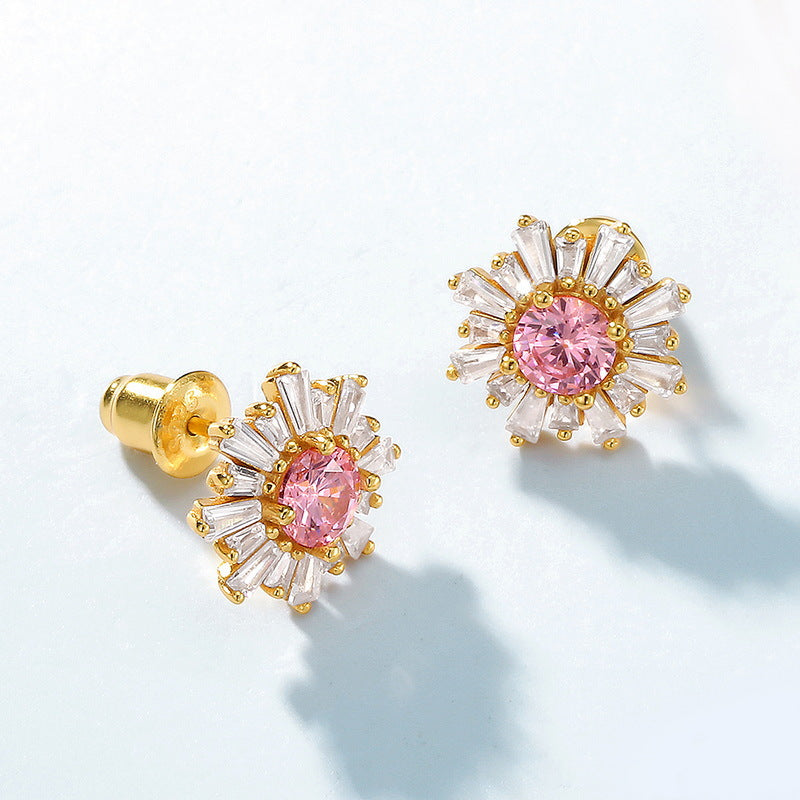 Zircon Pink Sun Flower Sterling Silver Stud Earrings