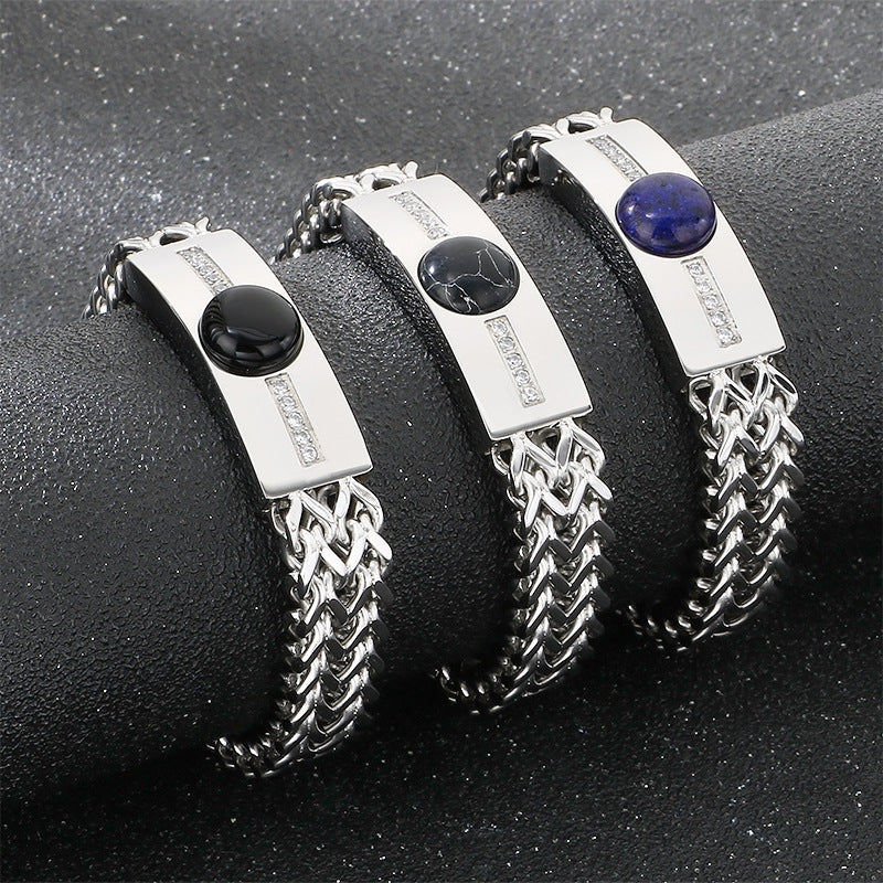 Blue Gold Black Pine Obsidian Inlaid Zircon Curved Bar Front & Back Chain Stainless Bracelet