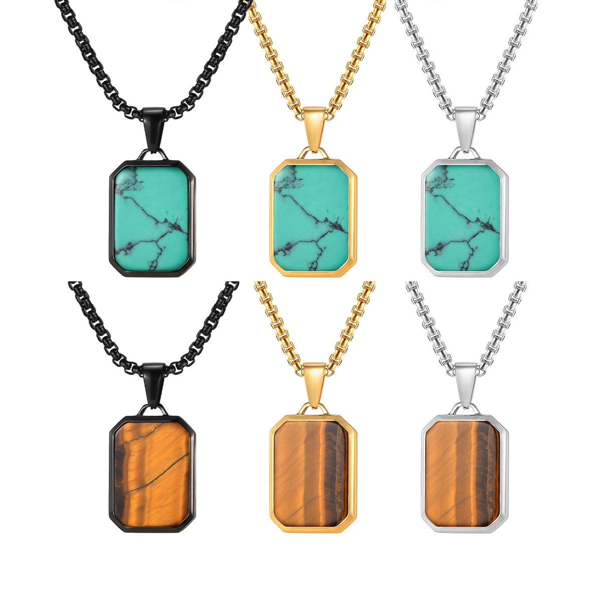 Tiger's Eye Turquoise Lapis Lazuli Geometric Stainless Steel Necklace