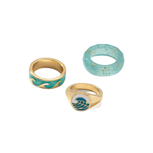 Blue Embroidery Fishline Ring Set with 3 Wave Rings