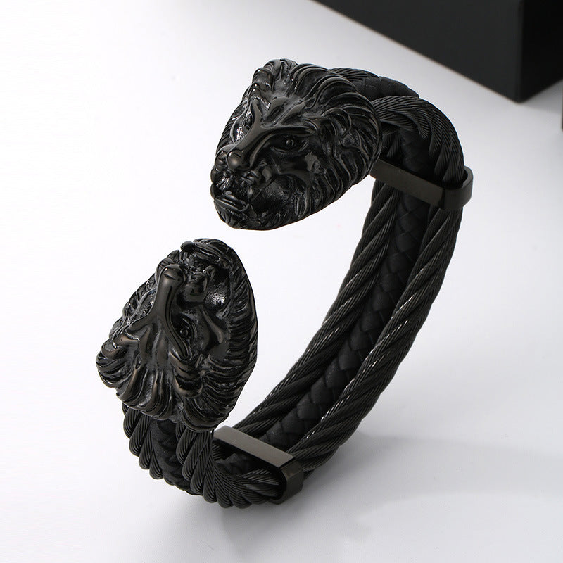 Planderful Titanium Lion Head Leather Bracelet For Men