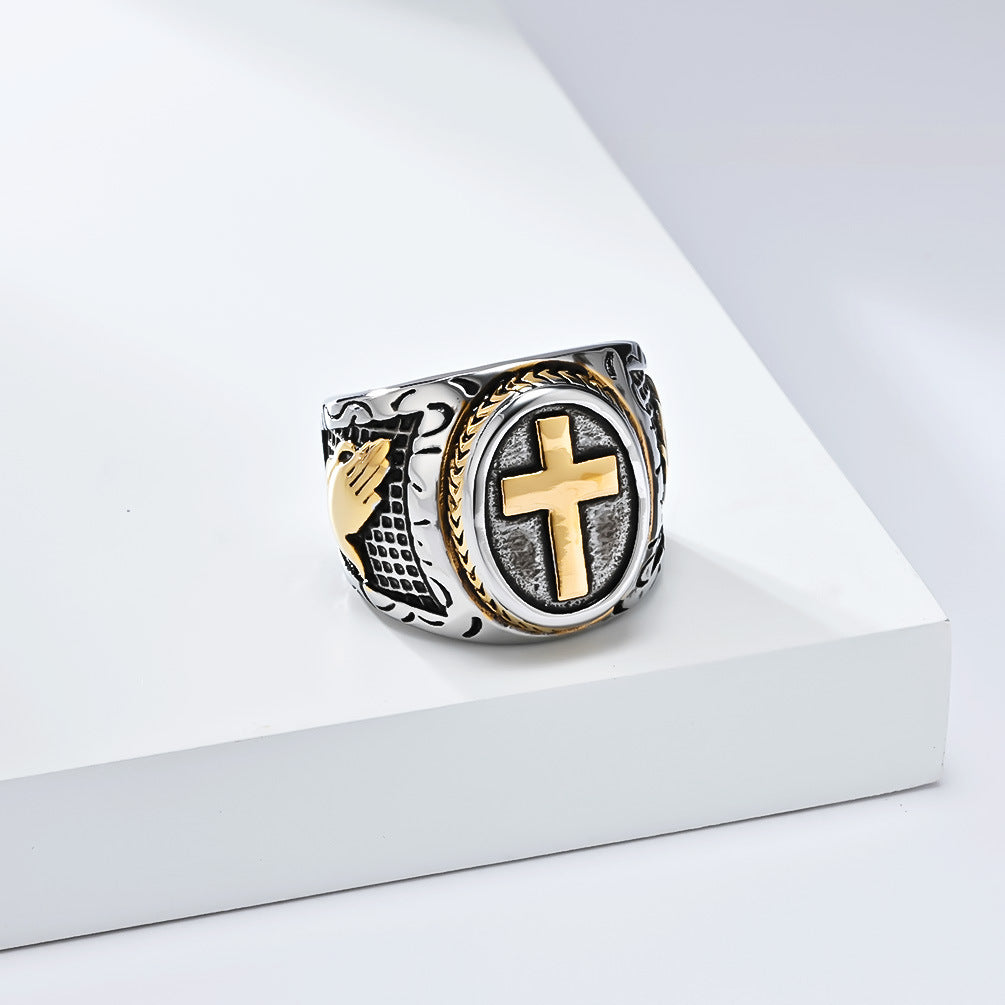 European And American Literary Retro Prayer Hand Cross Titanium Steel Ring Men's Hip-Hop Jewelry