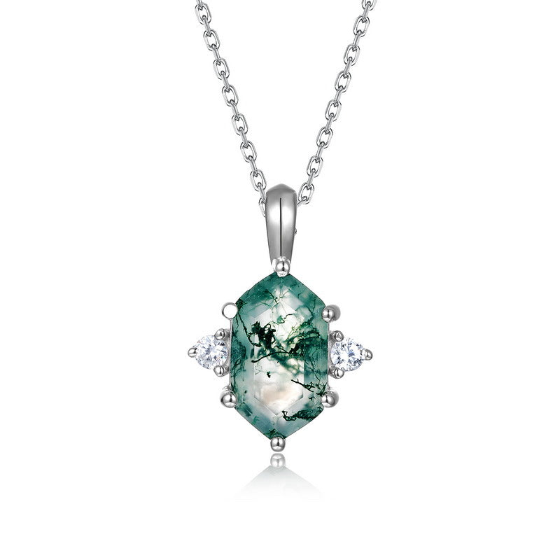 S925 Sterling Silver Moss Agate Geometric Pendant Necklace
