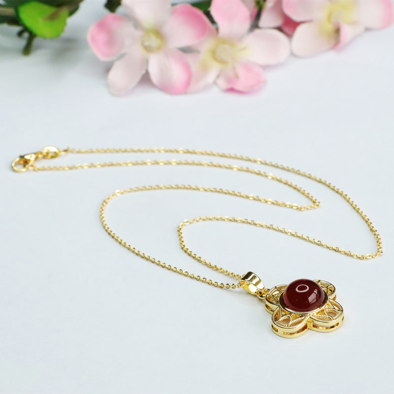 Red Agate Clover Cabochon Pendant — No Chain