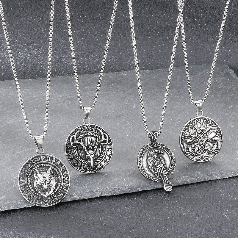 Viking Mythology World Tree Double Wolf Disc Pendant, Nordic Luhn Rune Crow Deer Necklace