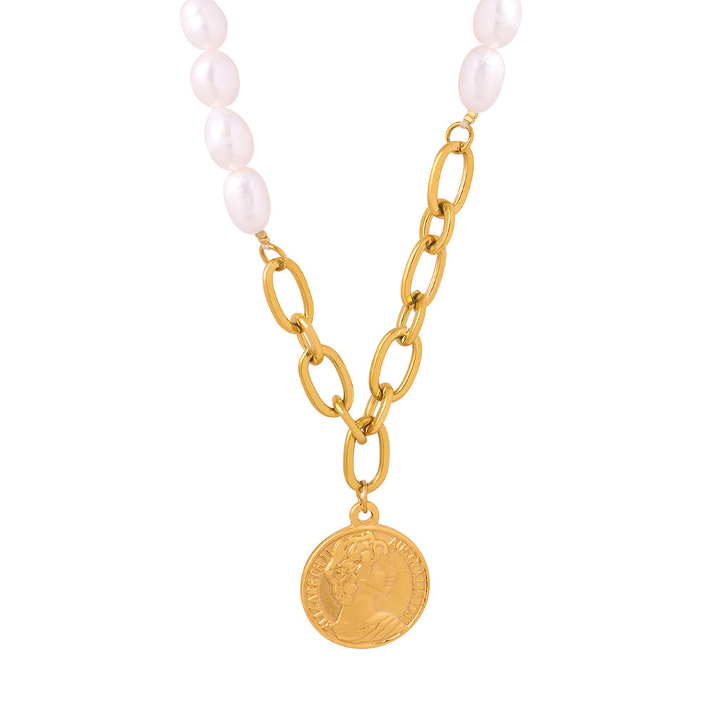 Elegant Gold-Plated Pearl Necklace with Titanium Steel Pendant