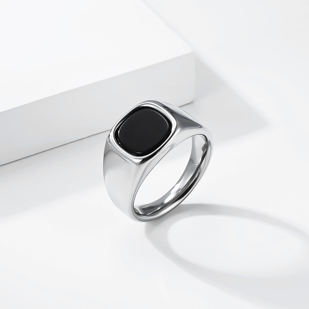 Planderful Everyday Genie Square Black Stone Titanium Steel Ring With Cold Neutral Finish For Unisex Jewelry