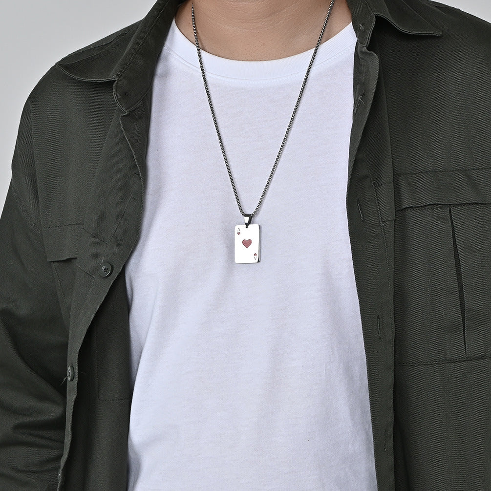 Planderful Personalized Playing Card Necklace Titanium Steel Ace Spades Ace Hearts Pendant For Card Game Lovers