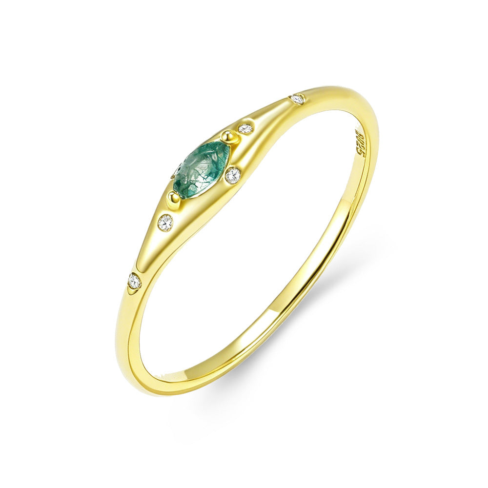 S925 Pure Silver-Green Moss Stone Ring, Fresh Aquatic Agate Finger Ring,