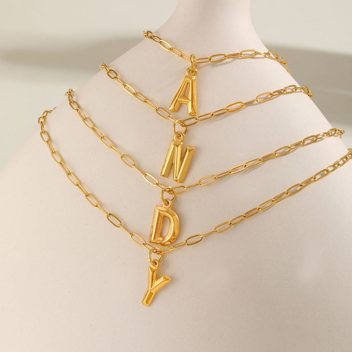 Stainless Steel Small Square Chain – Three-Dimensional Letter Necklace – Gold