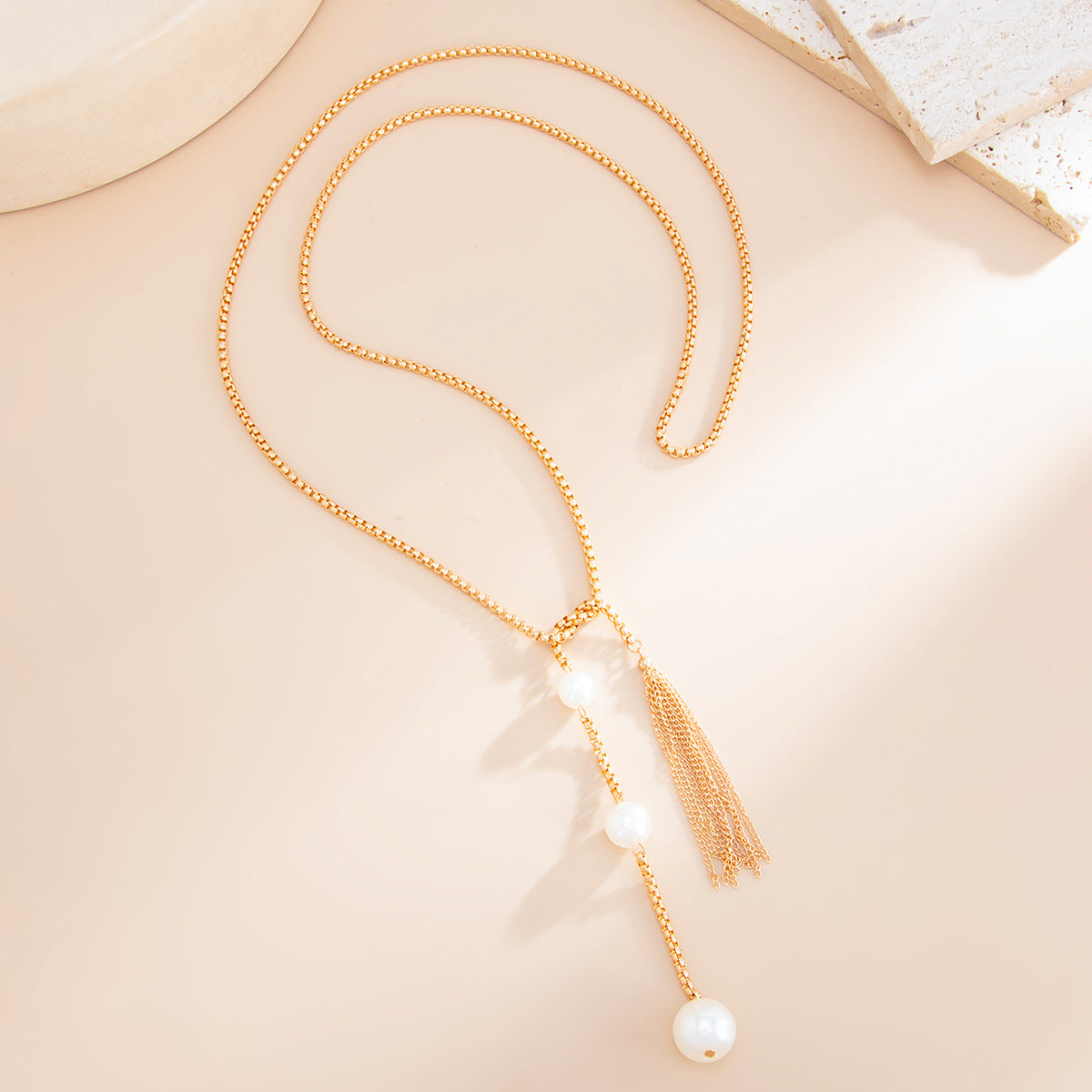 Long Y-Shaped Knotted Pearl Necklace Chain Back Chain Multi-Purpose Round Bead