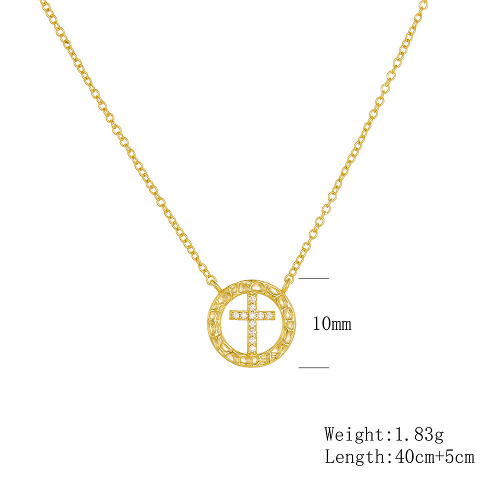 925 Sterling Silver Round Hollow Inlaid Zircon Cross Necklace