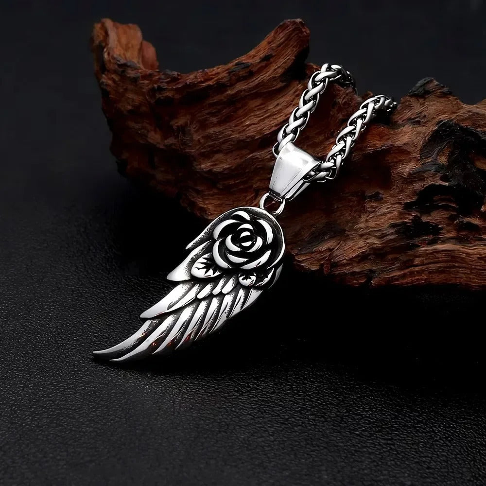Rose Feather Stainless Steel Men's Pendant Necklace