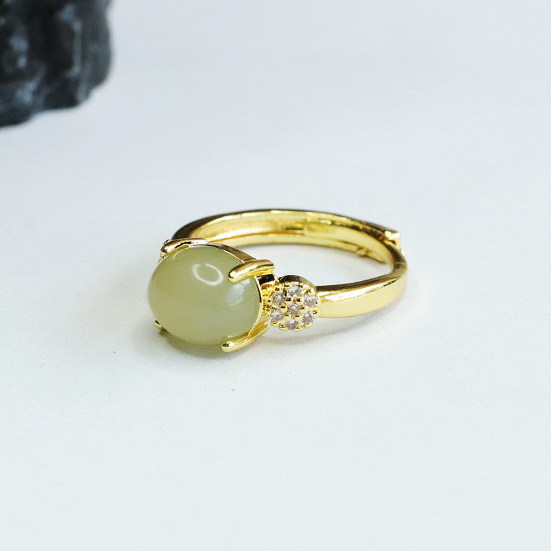 Exquisite Natural Hotan Jade and Zircon Sterling Silver Ring