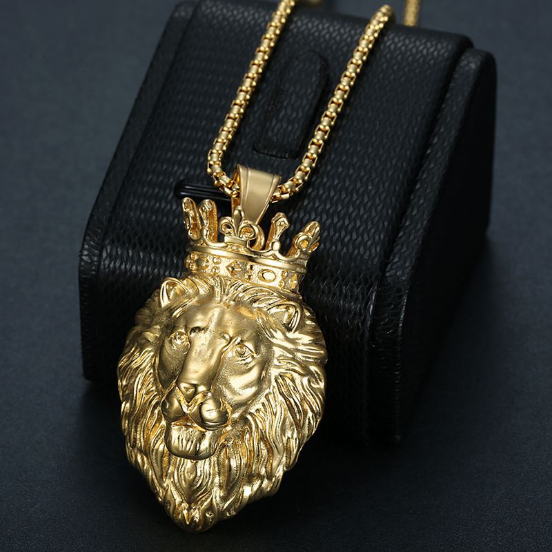 Titanium Steel Lion Head Pendant Necklace By Planderful Bold Gold Plated For Hip Hop Fans