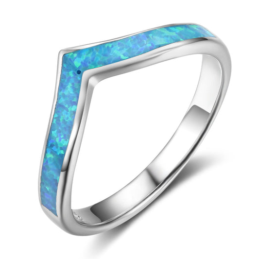 Planderful Jewelry Blue Opal Ring Sterling Silver V Shape Size 6 7 8 Elegant Everyday