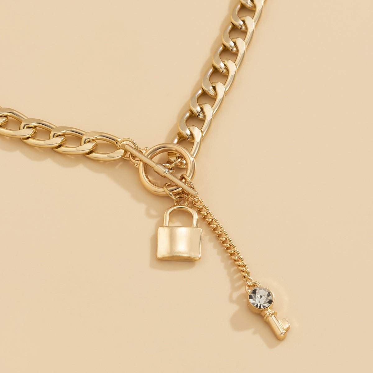 Punk Thick Chain Lock-Shaped Key Pendant Necklace Micro-Inlaid Chain Geometric Ot Buckle