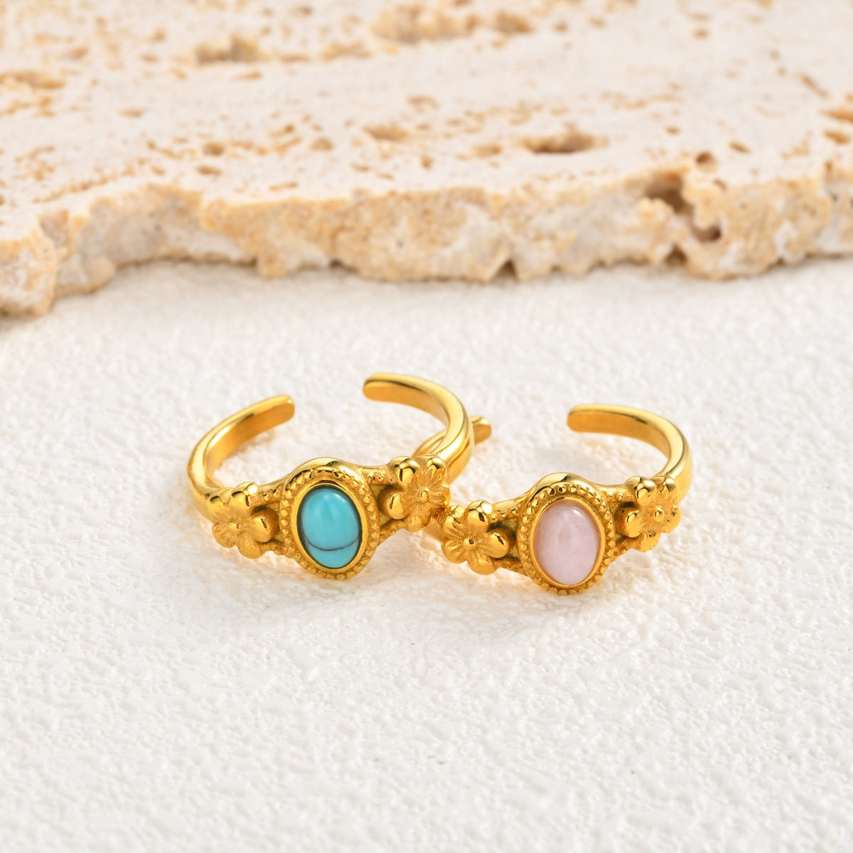 Stainless Steel Oval Egg Powder Spar Flower Opening French Light Girlfriend Gift Ring