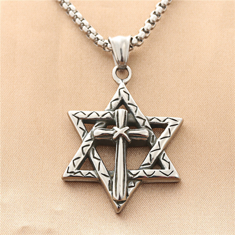 Personalized Titanium Steel Hexagram Cross Pendant Necklace for Men - Retro Punk Style