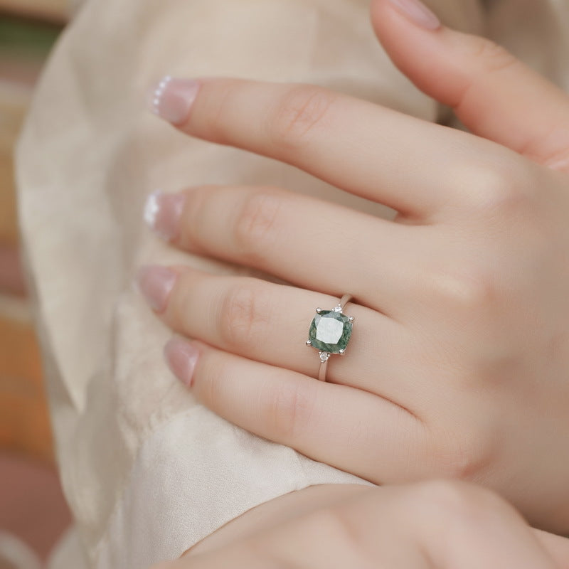 Planderful Jewelry Sterling Silver Agate Ring Green Moss Geometric Retro Design For Women