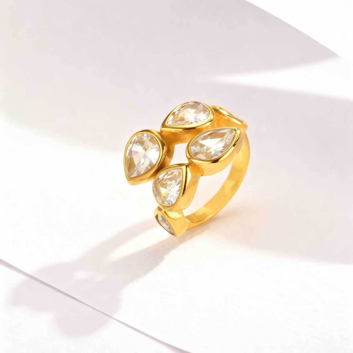 Stainless Steel Water Drop Zircon Embellishment Ring Elegant