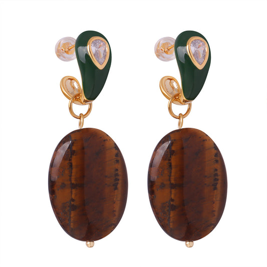 Tiger Eye Stone Pendant with Enamel Earrings Set