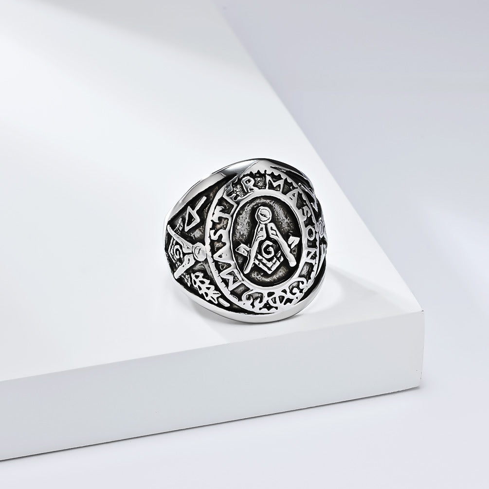 Planderful Freemasonry Ring For Men Titanium Steel Durable Vintage Logo Fraternity Jewelry