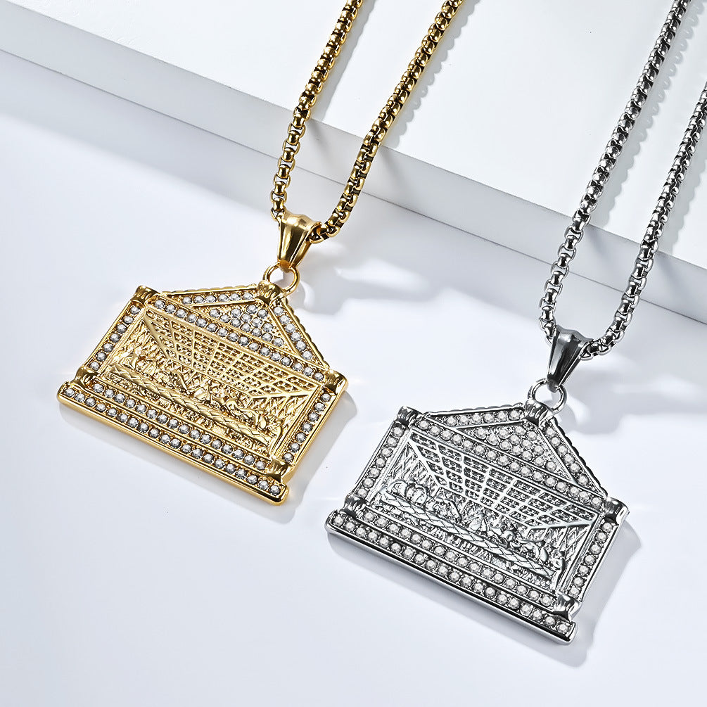Planderful Bold Hip Hop Necklace Last Supper Pendant Titanium Steel 18K Gold Plated Zircon For Men