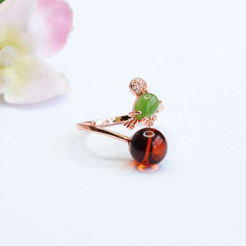 Elegant Sterling Silver Ring with Beeswax Amber Gem Stone