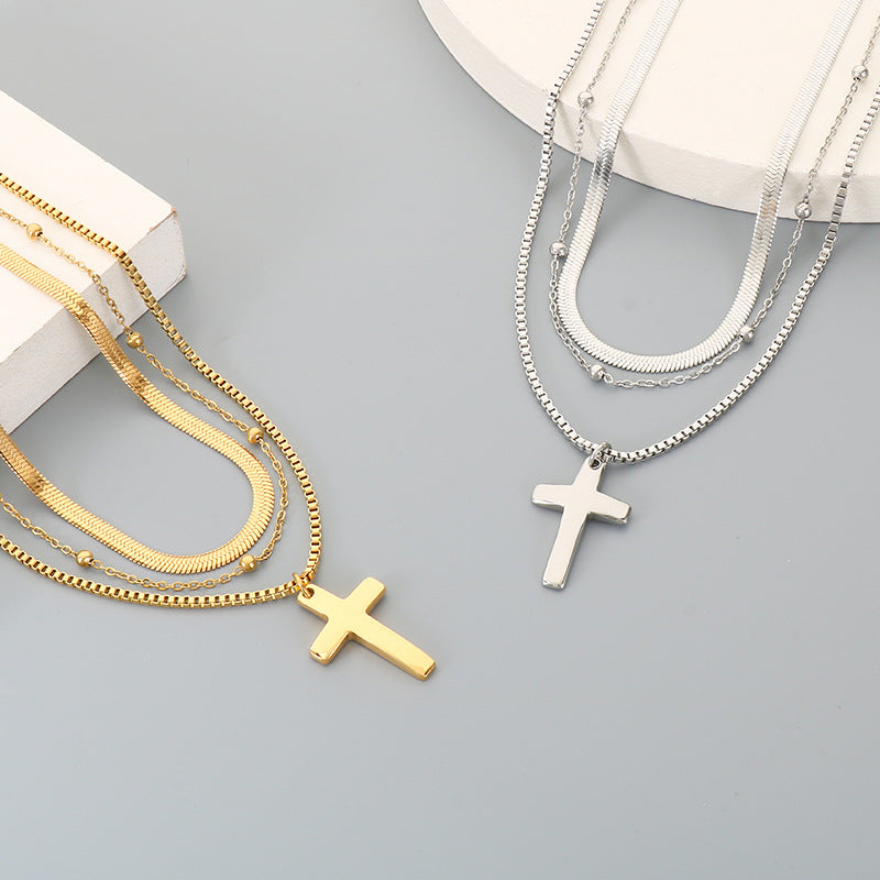Flat Snake Chain Multi-Layer Chain Necklace, Retro Stainless Steel Box Chain Cross Pendant