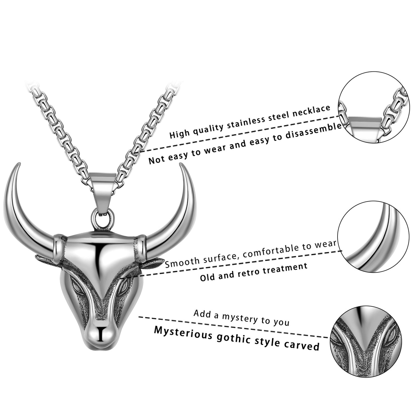 Stainless Steel Necklace – Statement Bull Head Pendant
