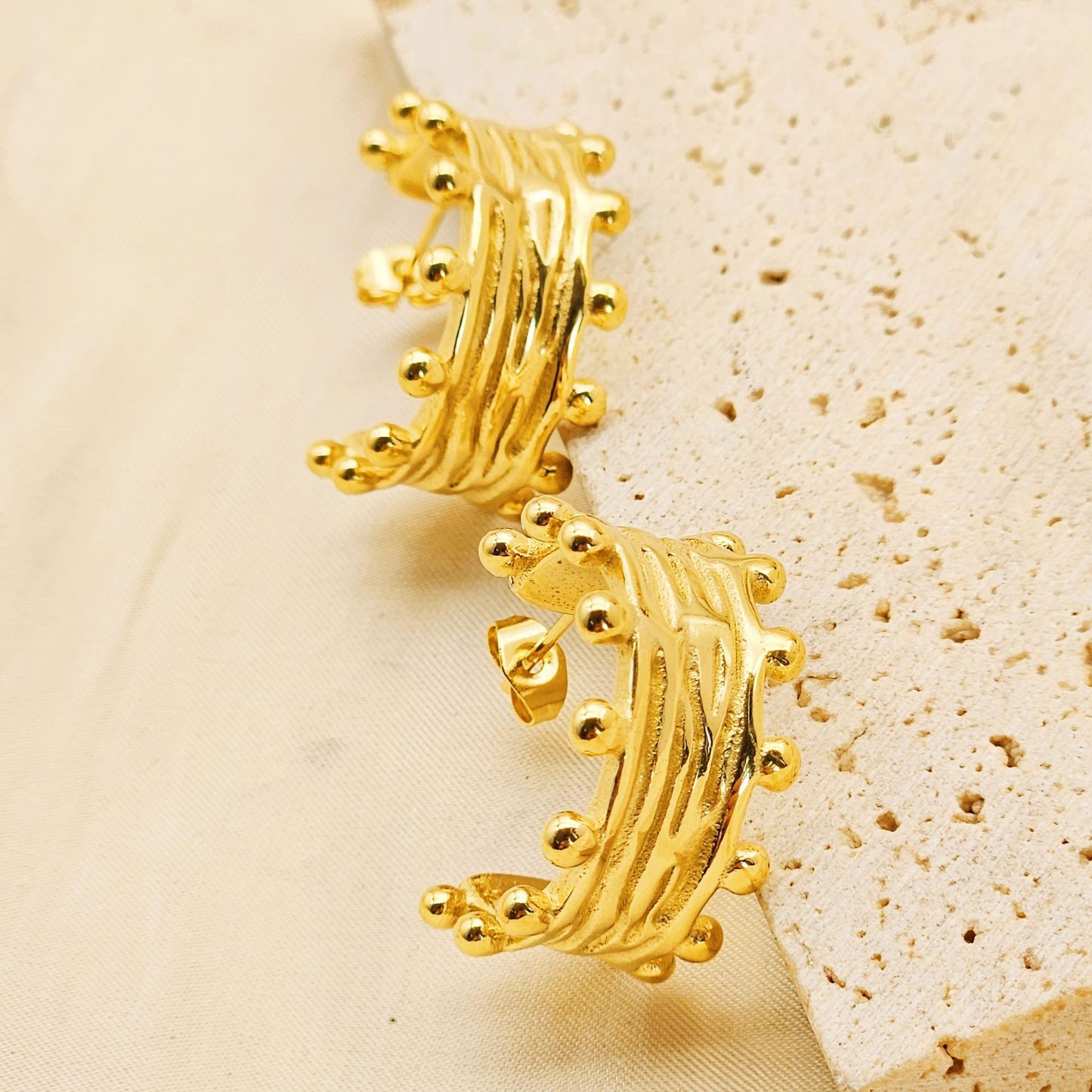 Planderful Gold Plated Stainless Steel Wood Grain C Shaped Pleated Earrings Statement For Women