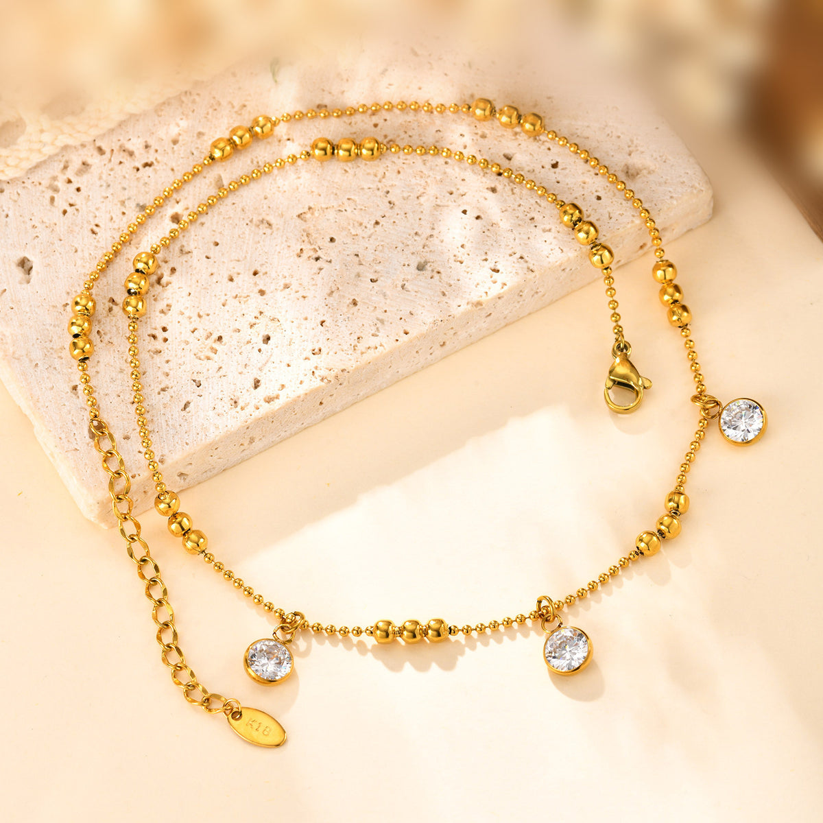 Wind Lady Collarbone Chain – Stainless Steel Bead Chain 3 Zircon Necklace