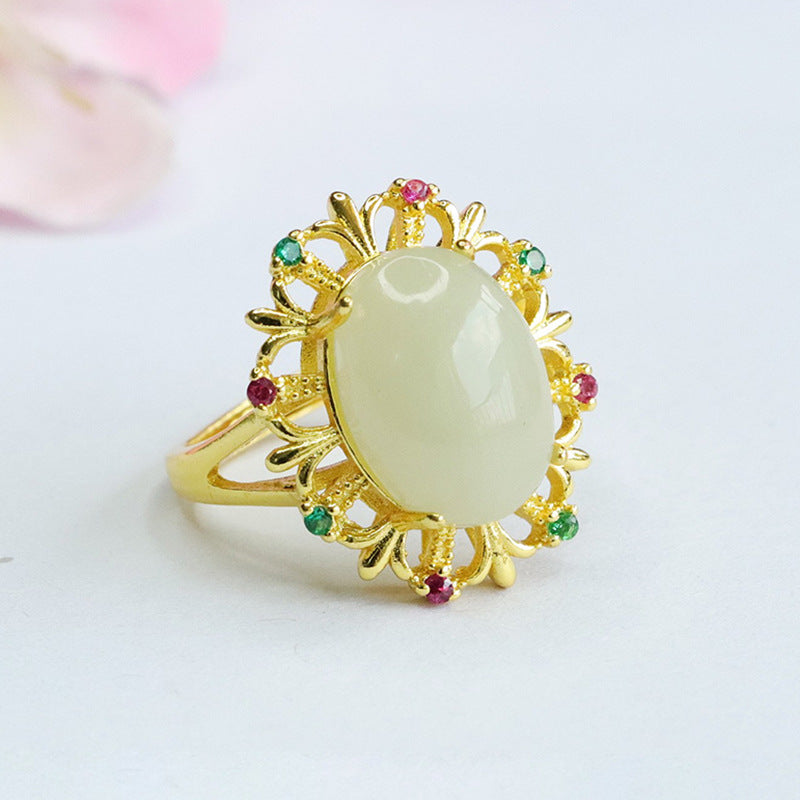 Hetian Jade Openwork Cabochon Ring